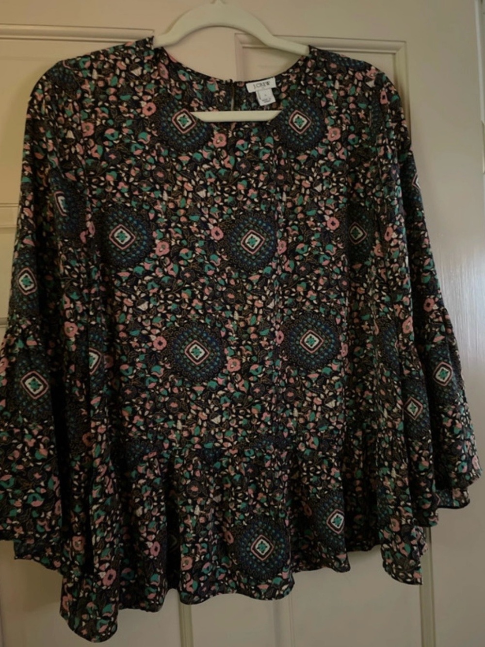 J. Crew Black Floral Medallion Blouse with Pink & Teal Details